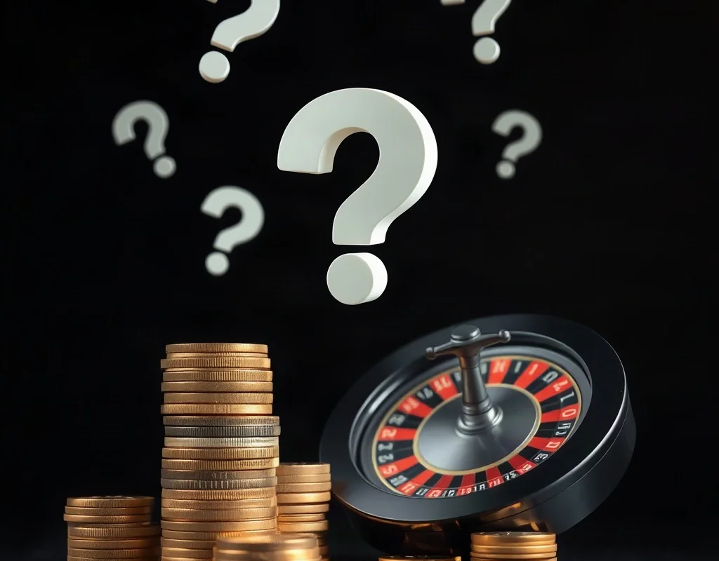 A stack of coins and a roulette wheel with a question mark symbolizing likely asked questions