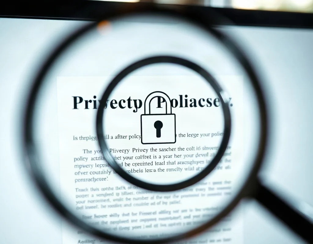 Magnifying glass inspecting a privacy policy on a computer screen