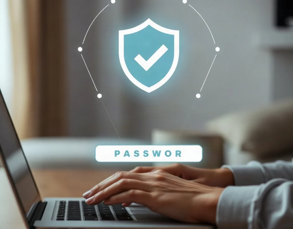 User entering a password on a laptop with a security shield icon
