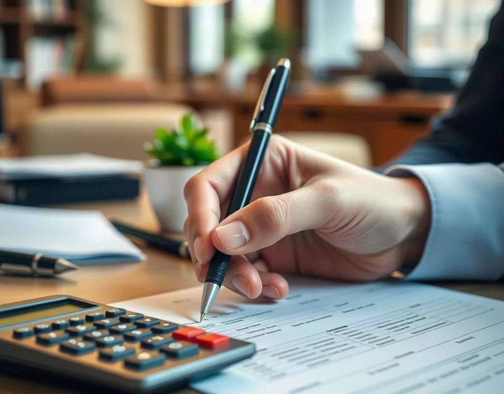 Hand holding pen over paper with calculator, representing calculation of wagering requirements.