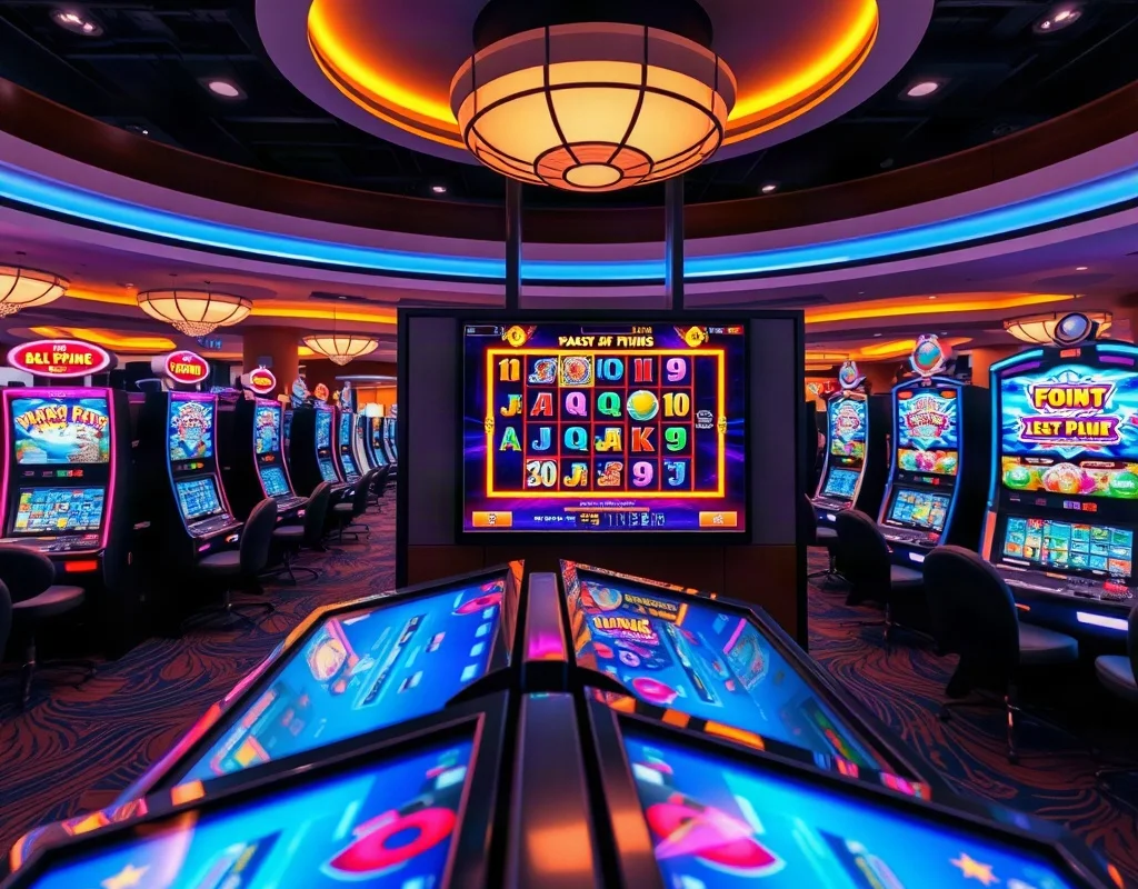 Casino floor with slot machines and a large game screen.