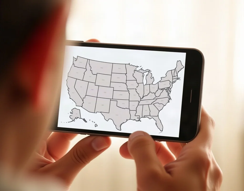 Person examining a map on smartphone with US state outlines.