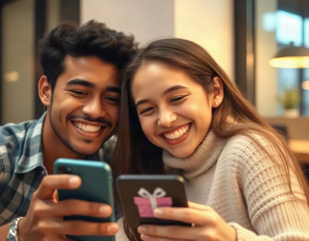 Two friends sharing a smartphone with a gift icon symbolizing a referral bonus