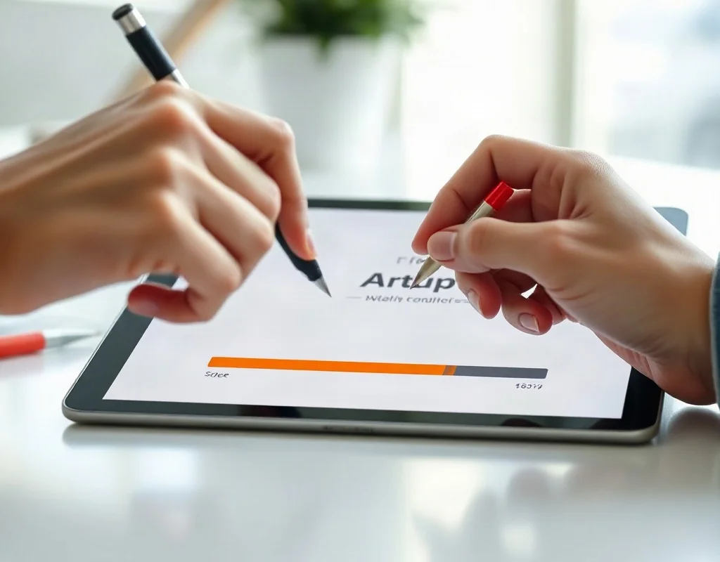 Hand filling out a sign-up form on a tablet for a referral program