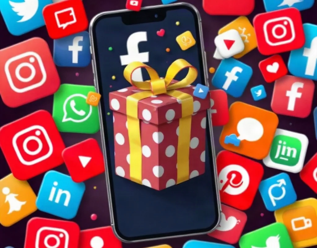 Social media icons around a smartphone with a gift box representing referral sharing
