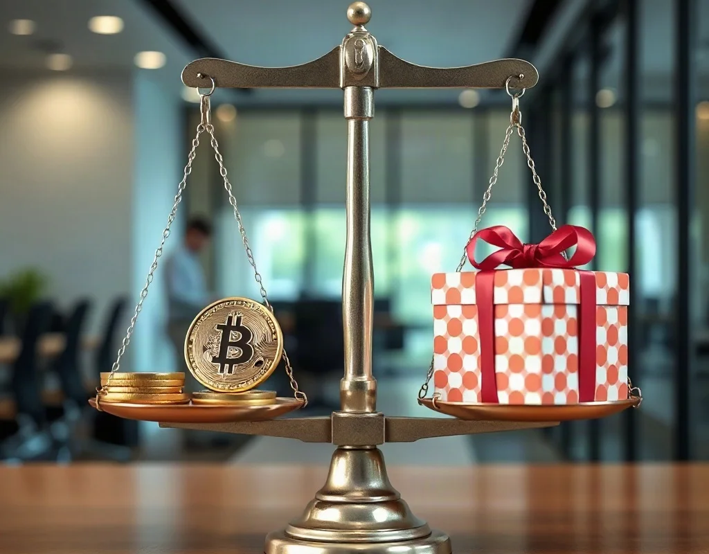 Balance scale comparing crypto coins and a gift box for referral program comparison
