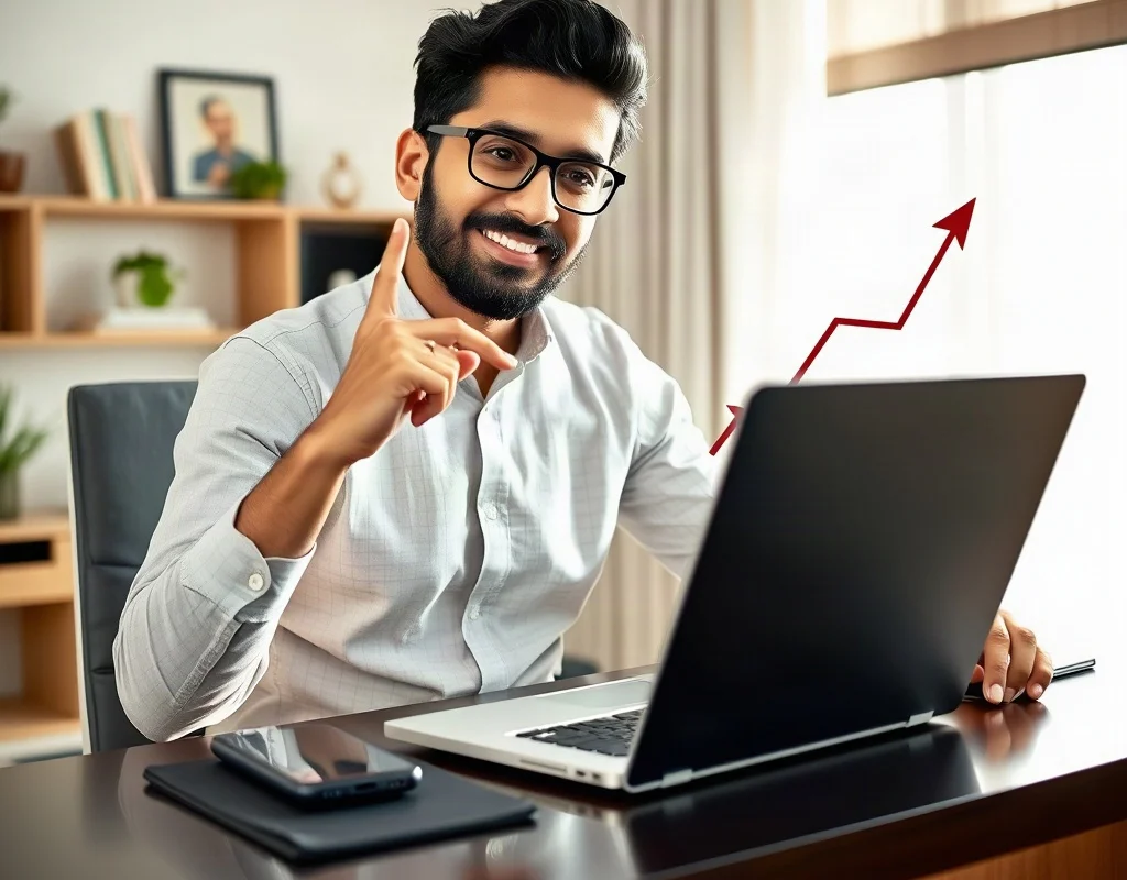 Pakistani man using X555 referral program on his computer and smartphone, earning graph visible