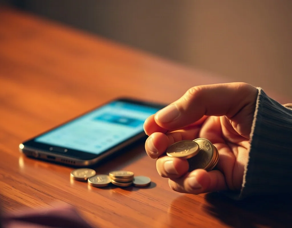 Hand counting coins next to smartphone symbolizing earnings from X555 referrals