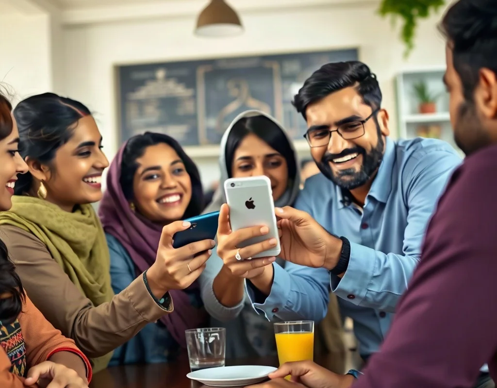 Group of Pakistani friends sharing referral link on smartphone in a cafe