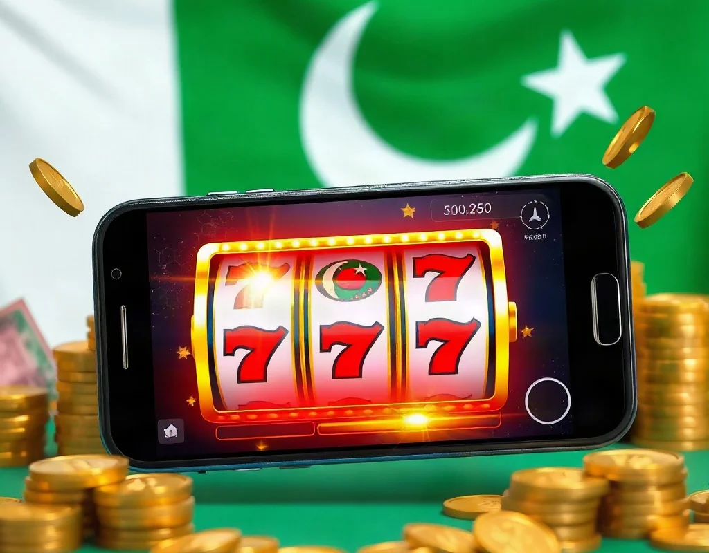 X555 slot game app interface with Pakistani flag background and rising coins