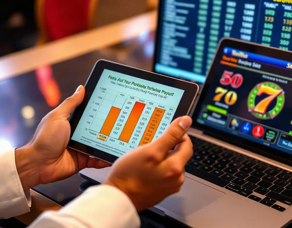Player examining slot RTP chart on a tablet in a modern gaming room