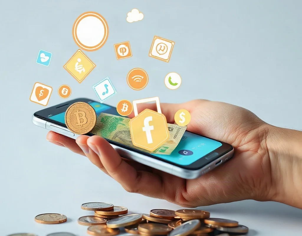 Withdrawal process showing money flowing from smartphone to hand