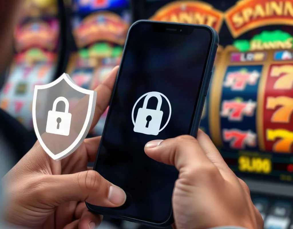 Person using smartphone with security shield and lock icon for safe gaming