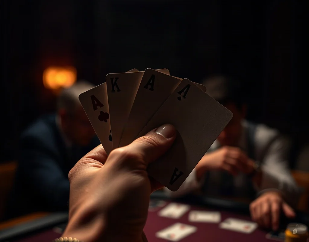A player holding three cards during a Teen Patti game