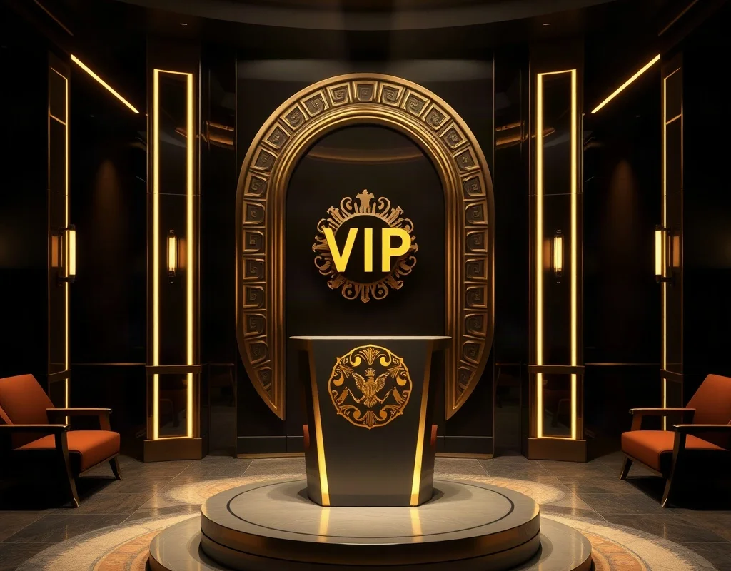 Luxurious VIP lounge with golden emblem representing exclusive rewards