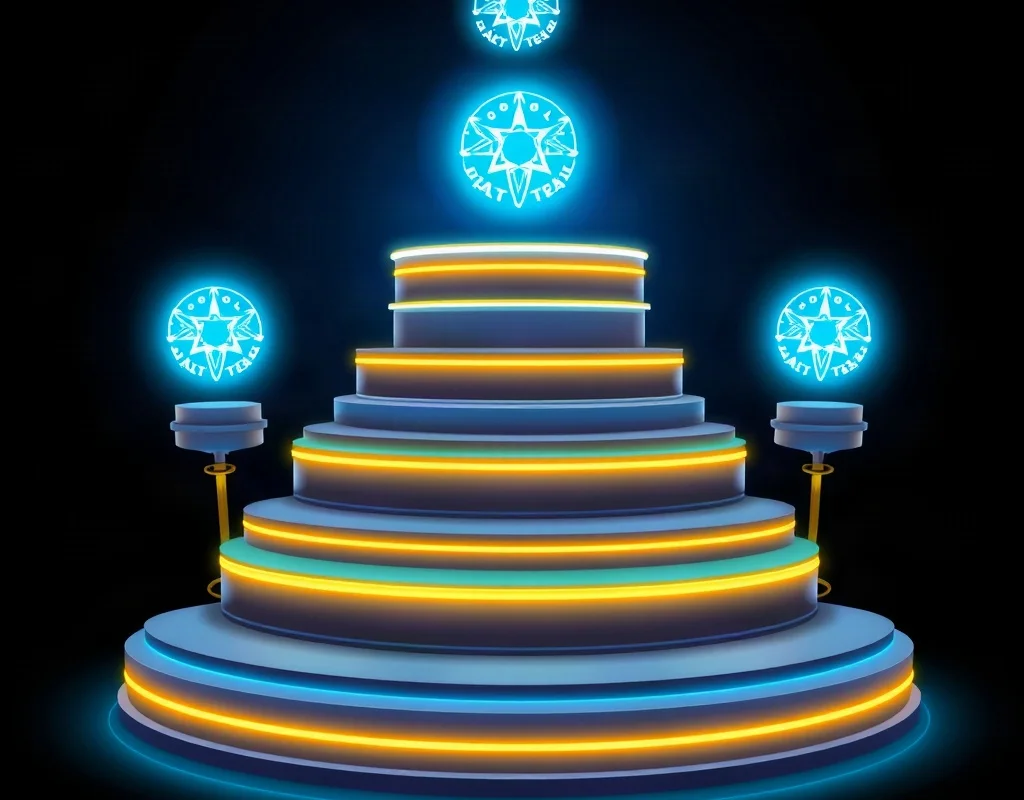 Ascending VIP tiers with glowing emblems showing progression