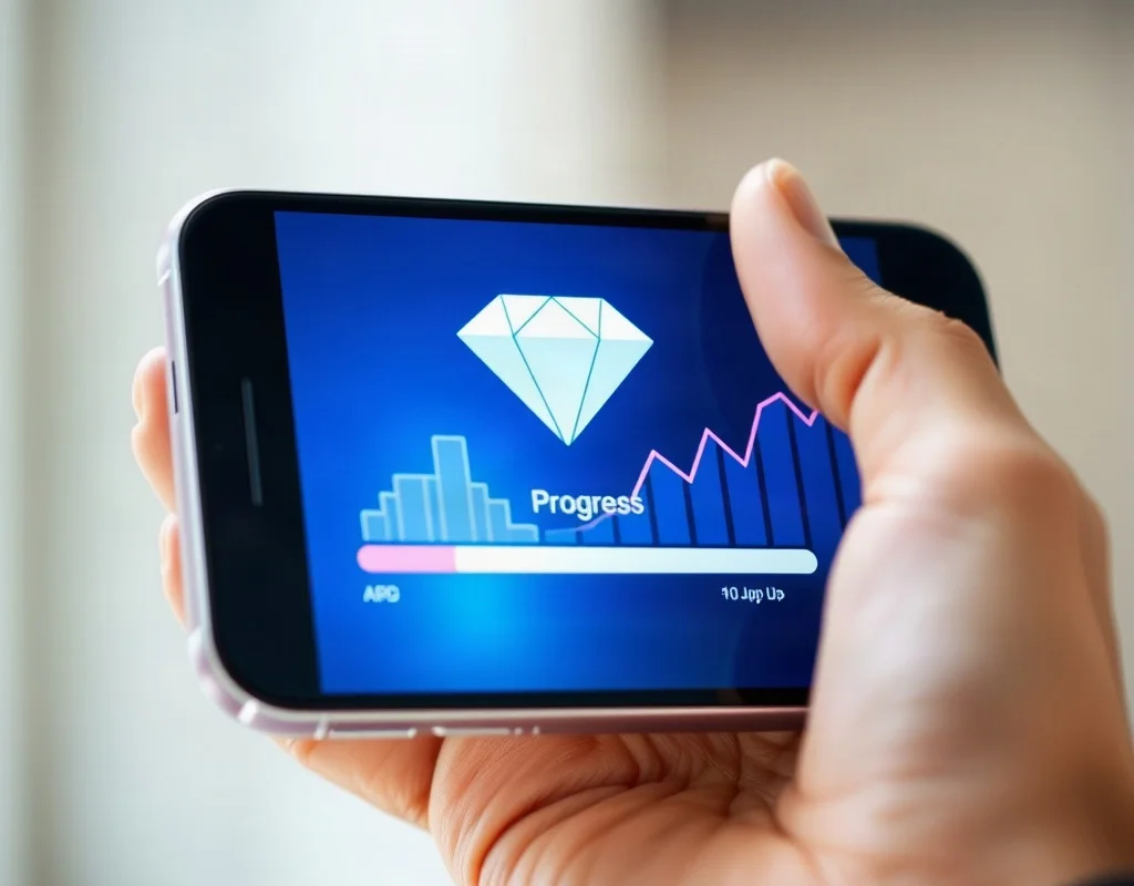 Hand holding smartphone showing VIP progress with diamond icon