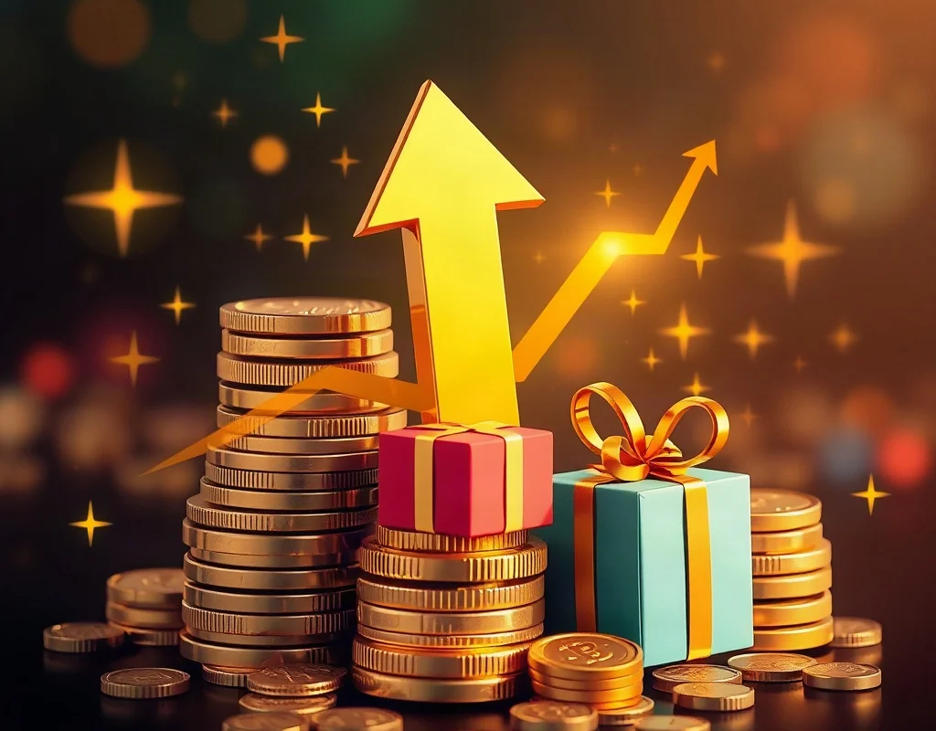 Stack of coins and gift boxes with upward arrow symbolizing reward growth