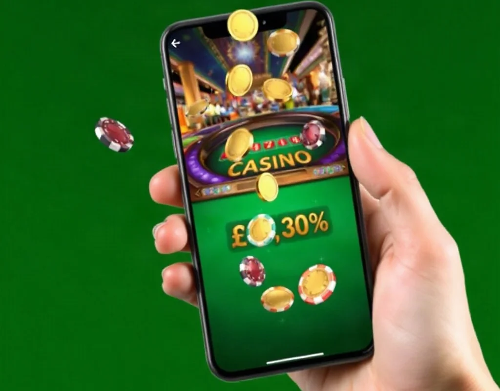 Hand with smartphone displaying casino game with coins falling