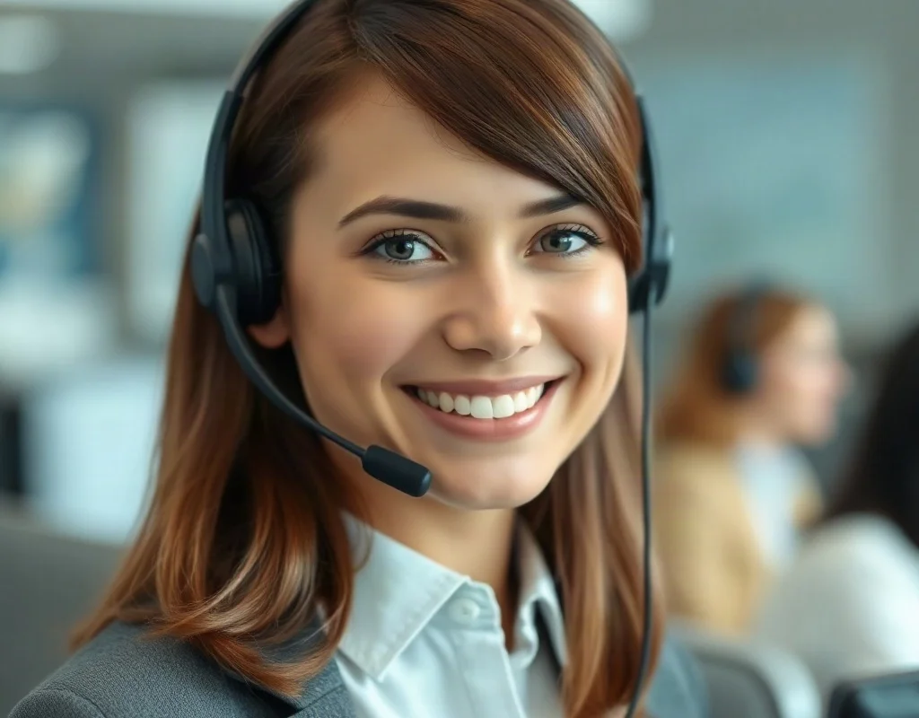 Friendly customer support agent wearing headset and smiling