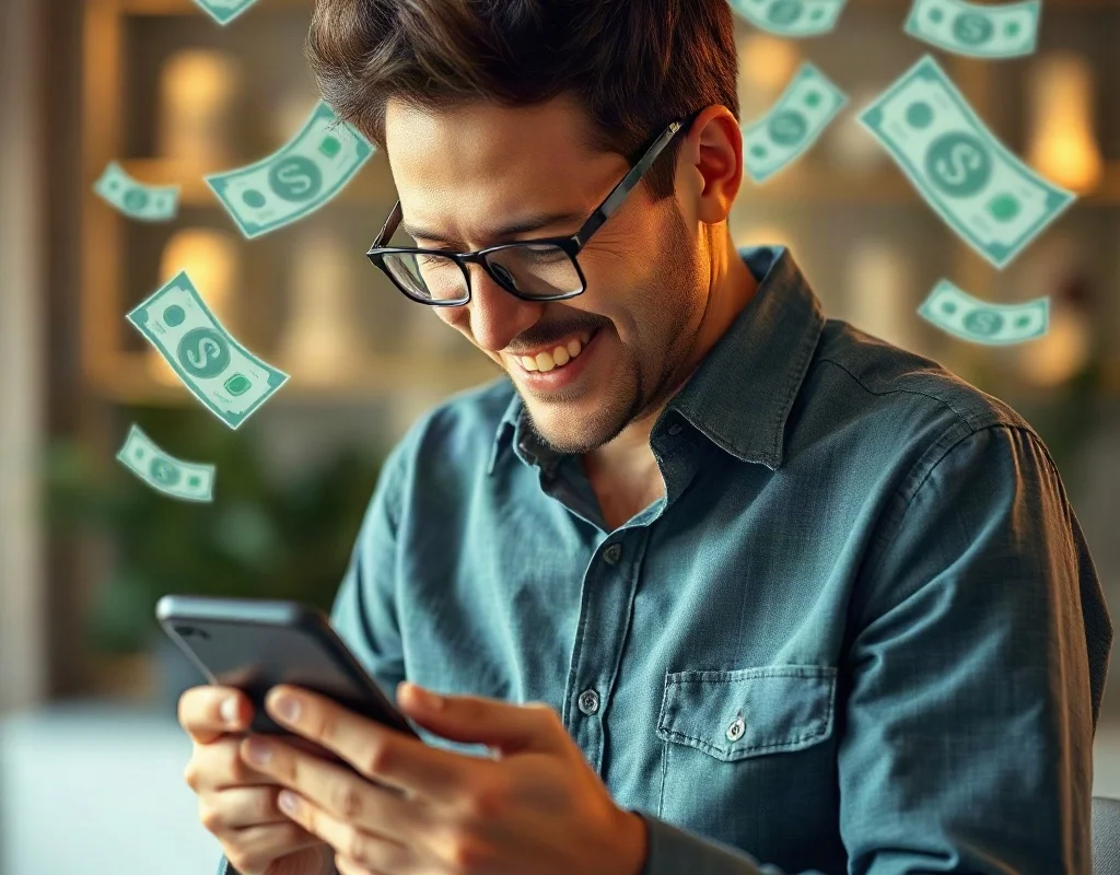 Person using mobile phone with digital money symbols floating around