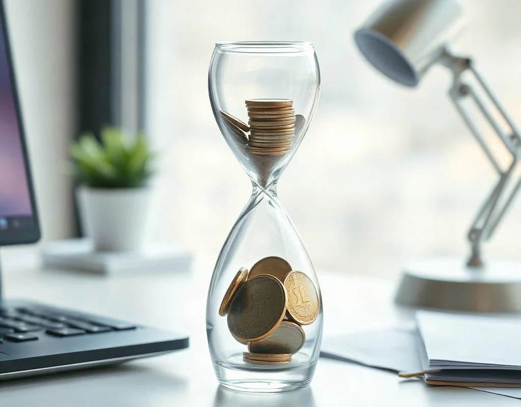 Hourglass with coins symbolizing withdrawal processing times and limits for X555 in Pakistan.